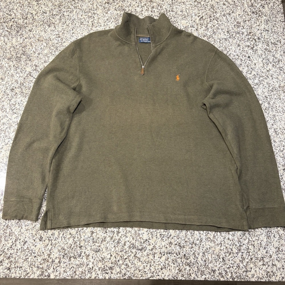 Polo by Ralph Lauren 1/4 Zip Pullover Sweater Men's XXL Olive Green Orange Pony⁠